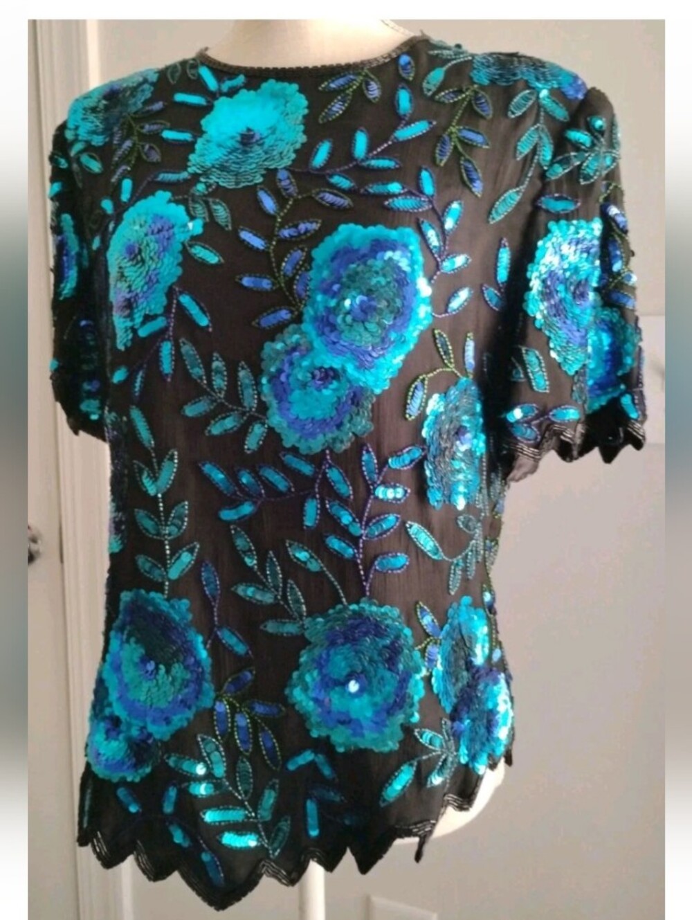 Vintage Scala Blouse Silk Beaded Sequin Floral Women's Size L Formal Cocktail